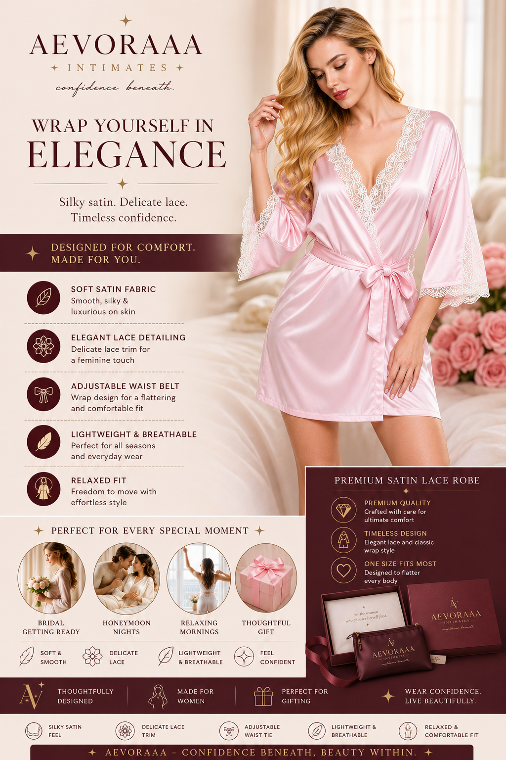 Satin Lace Wrap Robe with Belt