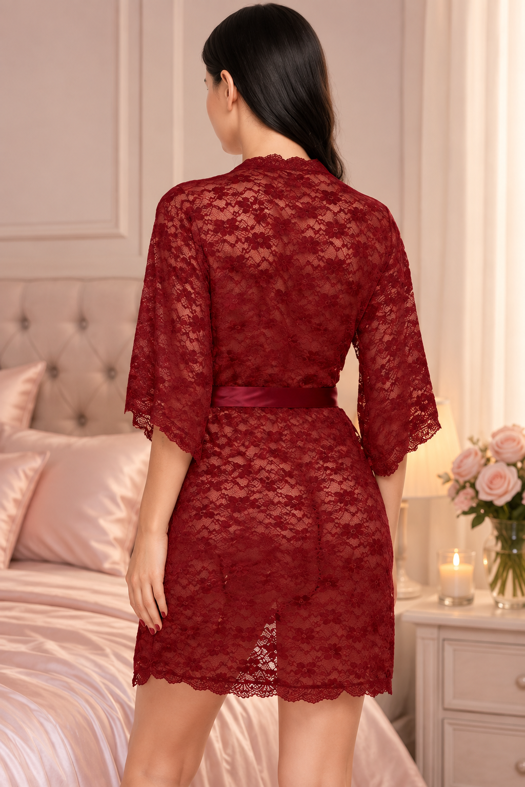 Lace Sheer Robe with Tie Belt