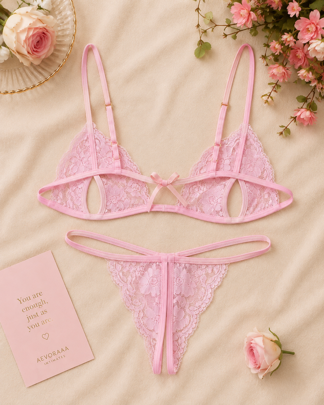 Lace Bow Detail Bra & Thong Set