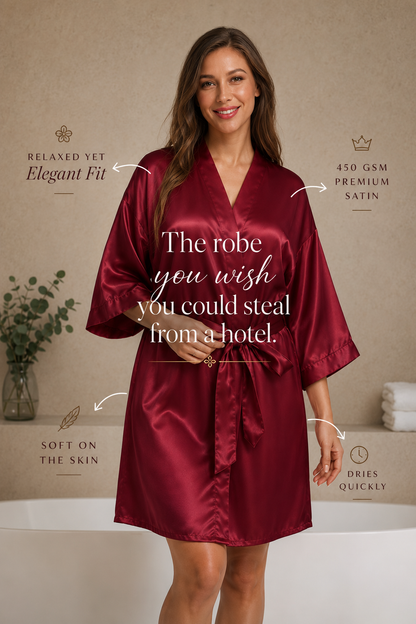 Satin Kimono Robe with Tie Belt– Short Silk Sleepwear