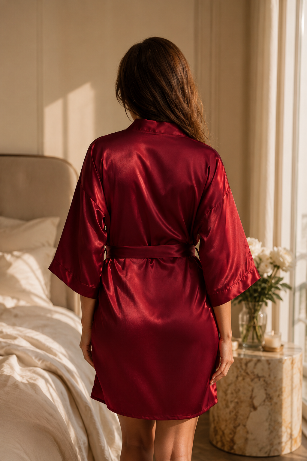 Satin Kimono Robe with Tie Belt– Short Silk Sleepwear