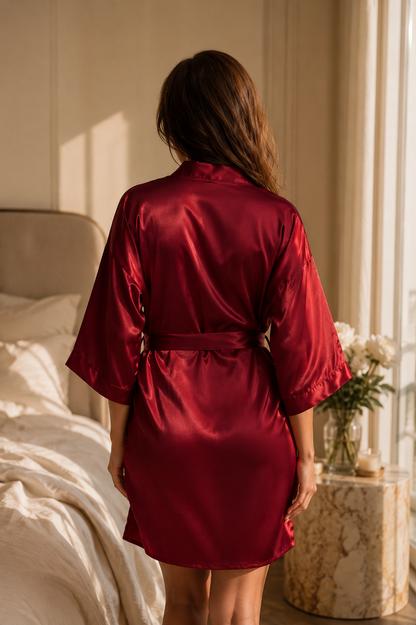 Satin Kimono Robe with Tie Belt– Short Silk Sleepwear