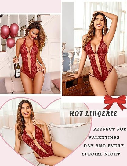 Collage of a woman in red lingerie with promotional text for hot lingerie.