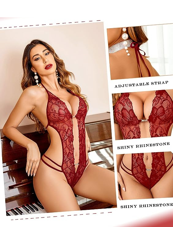 Red lace lingerie set with adjustable strap and shiny rhinestone details, modelled by a woman.