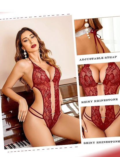 Red lace lingerie set with adjustable strap and shiny rhinestone details, modelled by a woman.