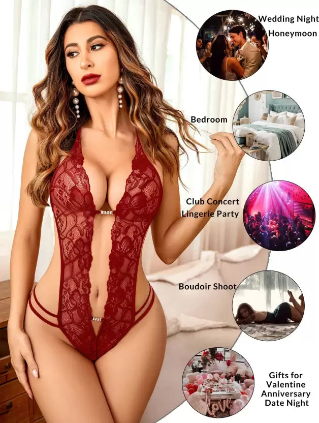 Woman wearing a red lace lingerie set with various scenarios depicted around her.