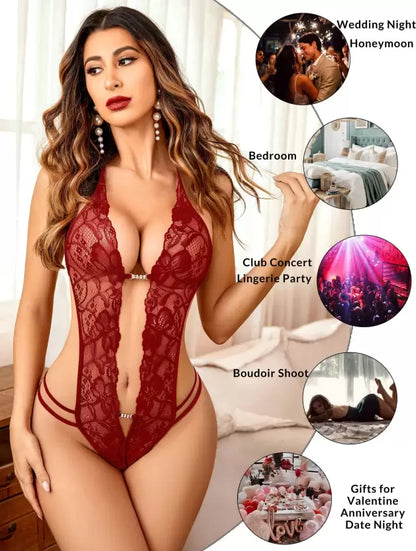Woman wearing a red lace lingerie set with various scenarios depicted around her.